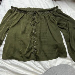Silky Olive Green Off the Shoulder Top Sz L